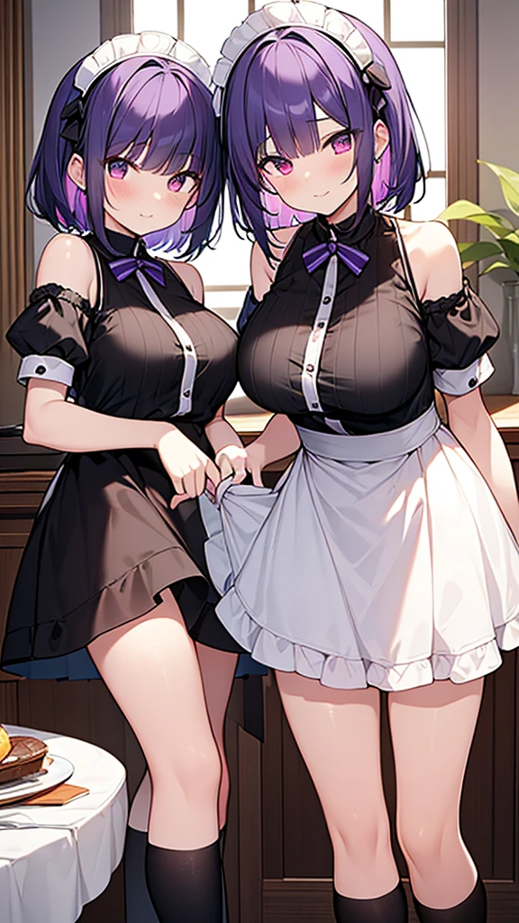 最high quality, high quality, Super detailed, 32k, Ultra-detailed details, Photo of the waitress and her sister, {{The succubus maid has the face of my sister}}, (only, Standing, pretty girl, beautiful purple hair, short hair, Beautiful RED eyes, mature, Big Breasts, A light smile, Off-the-shoulder sleeveless Summer cute maid outfit, Summer casual maid clothes, Short skirt, Blue and white color striped underwear, Black knee socks, loafers, She's holding 大きく up her skirt with both hands to show her underwear, 18-year-old,cute), A maid who moves her body vigorously without caring if her breasts bounce, Super detailed, indoor, maid Cafe, Full body image, ((Head to Toe:1.3)), NSFW