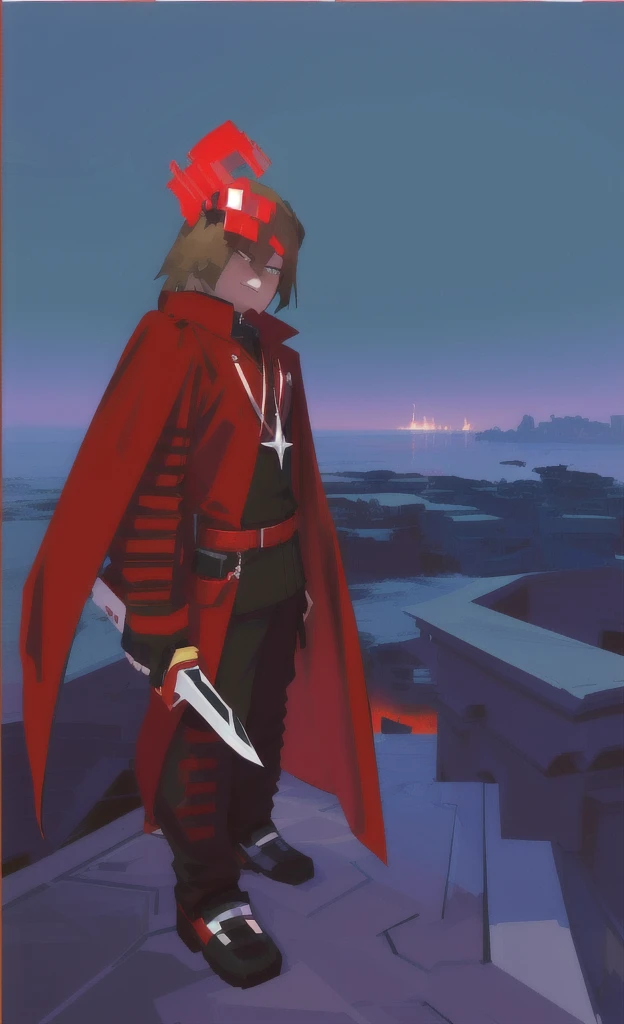 cartoon of a man in a red and black outfit with a blade, red demon cloak, villain wearing a assassin suit, red hooded assassin, crimson attire, assassin