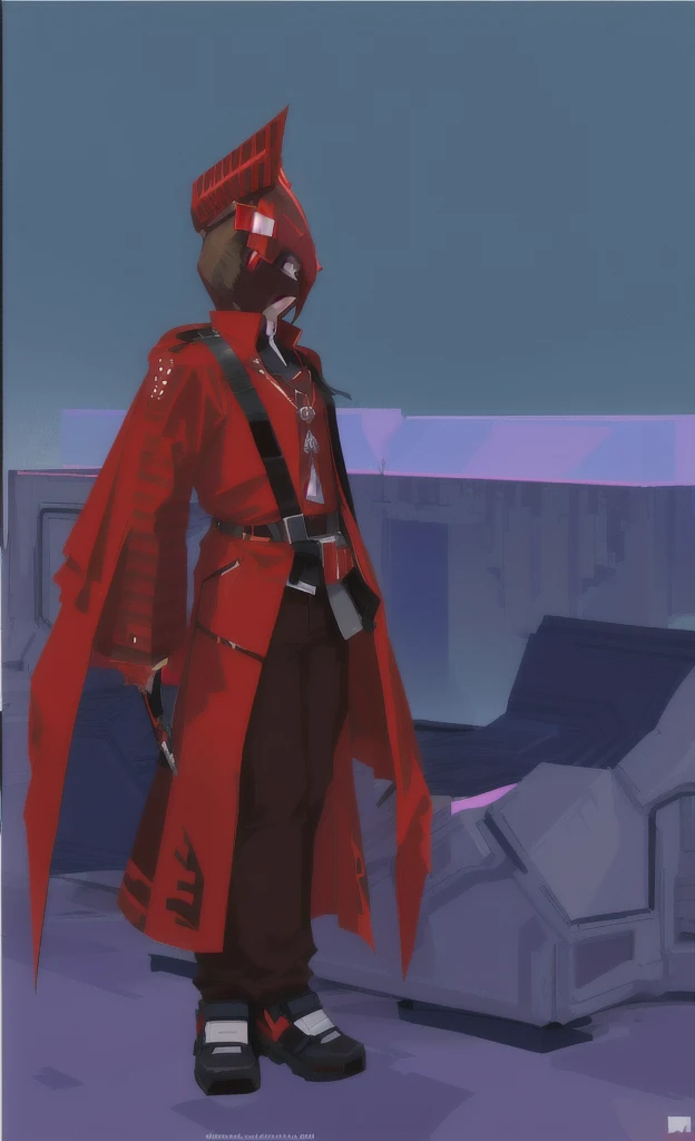 cartoon of a man in a red and black outfit with a blade, red demon cloak, villain wearing a assassin suit, red hooded assassin, crimson attire, assassin