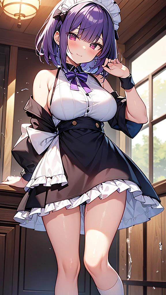 最high quality, high quality, Super detailed, 32k, Ultra-detailed details, waitress(only, Standing, pretty girl, beautiful purple hair, short hair, Beautiful RED eyes, mature, Big Breasts, A light smile, Off-the-shoulder sleeveless Summer メイド服, Summer casual maid clothes, Short skirt, Blue and white color striped underwear, Black knee socks, loafers, My crotch is wet with love juice, 18-year-old,cute), {{A succubus disguised as a waitress approached the target man's sister, peeled off the skin of the sister's face, and stuck it on her own face, becoming the waitress succubus's face., The hem of her skirt is lifted high, exposing her underwear}}, She has transformed from a shy maid into a lewd one., A maid with her sister's face stuck on her face is vigorously pistoning her body, A maid who moves her body vigorously without caring if her breasts bounce, Super detailed, indoor, Full body image, ((Head to Toe:1.3)), NSFW