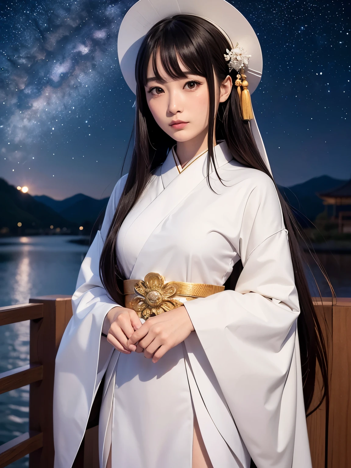 Tanabata, Orihime and Hikoboshi, twinkling stars, Milky Way, black hair, court, female Orihime in noble clothes like Chinese royalty wear, long hair, male Hikoboshi in Chinese Han clothes, holding hands and looking at each other, mystical effect, masterpiece, top quality, ultra-detailed, super detailed, 4K, 8K, ((clearly drawn face)), ( Beautiful detailed eyes, super detailed skin))