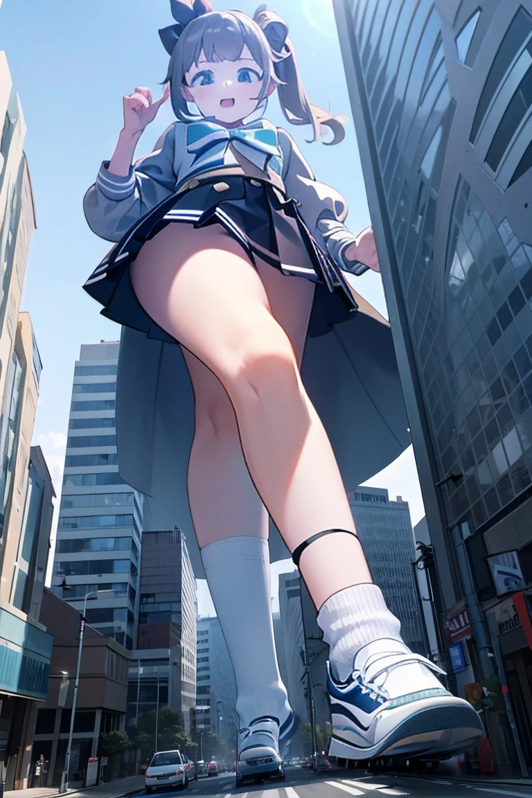 Big girl wearing sneakers,Girl taller than the building,Sailor Suit,Short skirt,White Socks,Girl raising legs high,The soles of socks covered with rubble