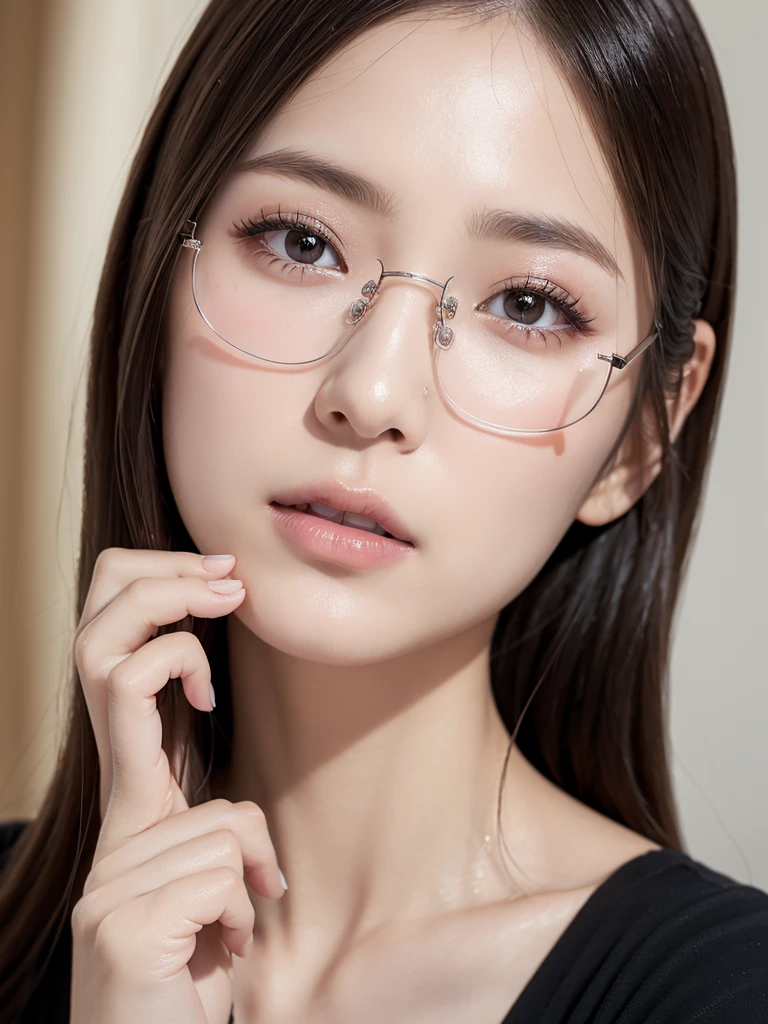 elegant woman, beautiful detailed eyes, beautiful detailed lips, extremely detailed eyes and face, long eyelashes, slender body, thin face, delicate features, flawless porcelain skin, glistening sweat, ultra-thin hands, ultra-fine fingers, best ratio four finger and one thumb, realistic, oversized T-shirt, one-person viewpoint, Fuji Film, F/1.2, 8K, masterpiece, nffsw, super detail, high quality, best quality, high resolution, glasses, mole under right eye, gravure pose, 手を隠す