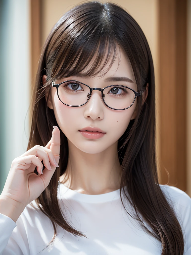 elegant woman, beautiful detailed eyes, beautiful detailed lips, extremely detailed eyes and face, long eyelashes, slender body, thin face, delicate features, flawless porcelain skin, glistening sweat, ultra-thin hands, ultra-fine fingers, best ratio four finger and one thumb, realistic, oversized T-shirt, one-person viewpoint, Fuji Film, F/1.2, 8K, masterpiece, nffsw, super detail, high quality, best quality, high resolution, glasses, mole under right eye, gravure pose, 手を隠す