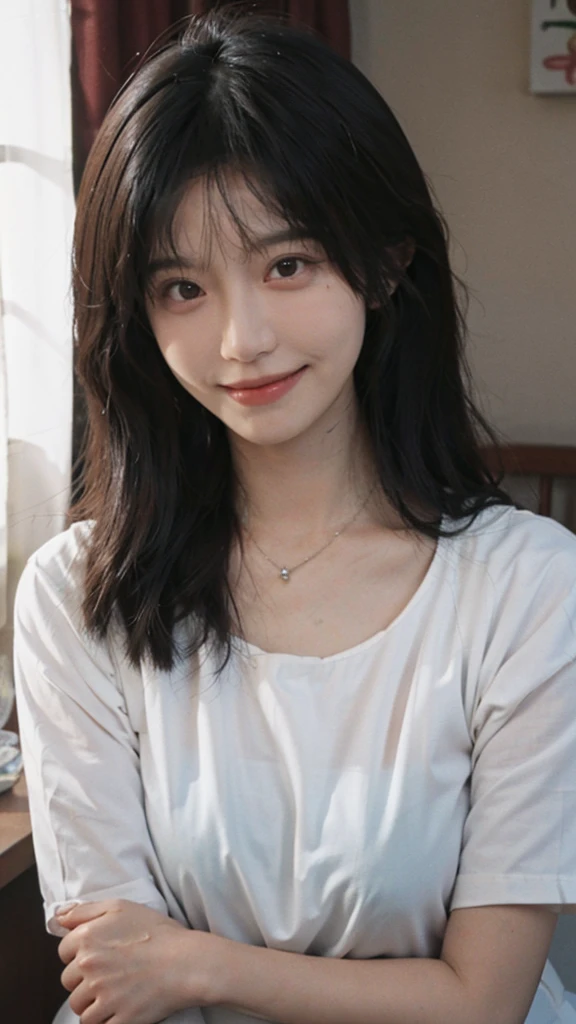 best quality， ultra high resolution， （realistically：1.4），cute hairpin，Baoyu Girl，European style apartment，A pair of clear and charming peach blossom eyes,Royal sister，The sun shines on the face，Big breasts，Big wavy hairstyle，（necklace：1.2），（White skin：1.4），a sense of atmosphere，a beautiful girl， Smile，Looking directly at the viewer， (lifelike:1.4),1 girl,Sexy,(Upper body:1.4),(wet),(:1.2), masterpiece ,8k, high quality
