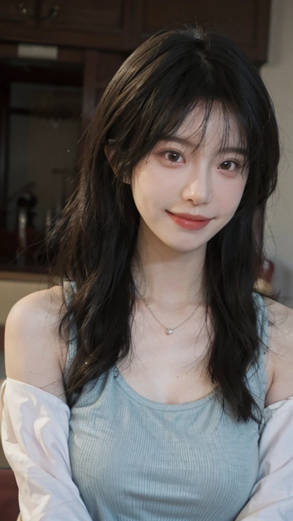 best quality， ultra high resolution， （realistically：1.4），cute hairpin，Baoyu Girl，European style apartment，A pair of clear and charming peach blossom eyes,Royal sister，The sun shines on the face，Big breasts，Big wavy hairstyle，（necklace：1.2），（White skin：1.4），a sense of atmosphere，a beautiful girl， Smile，Looking directly at the viewer， (lifelike:1.4),1 girl,Sexy,(Upper body:1.4),(wet),(:1.2), masterpiece ,8k, high quality