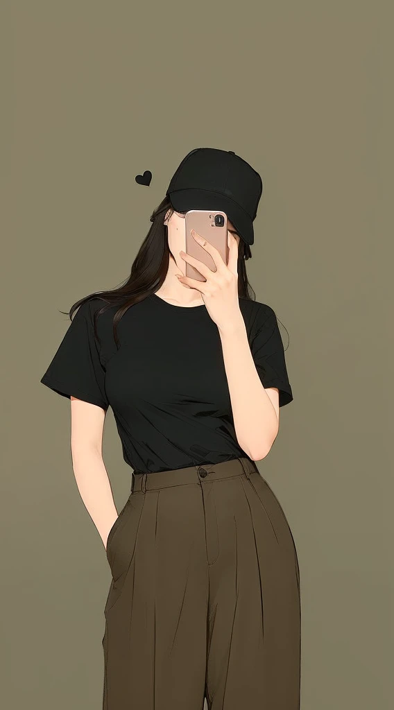 a woman in a black shirt and brown pants holding a cell phone 