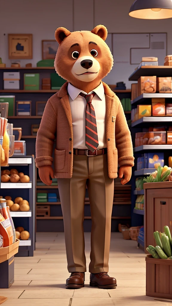 A bear in office clothes is standing in a supermarket