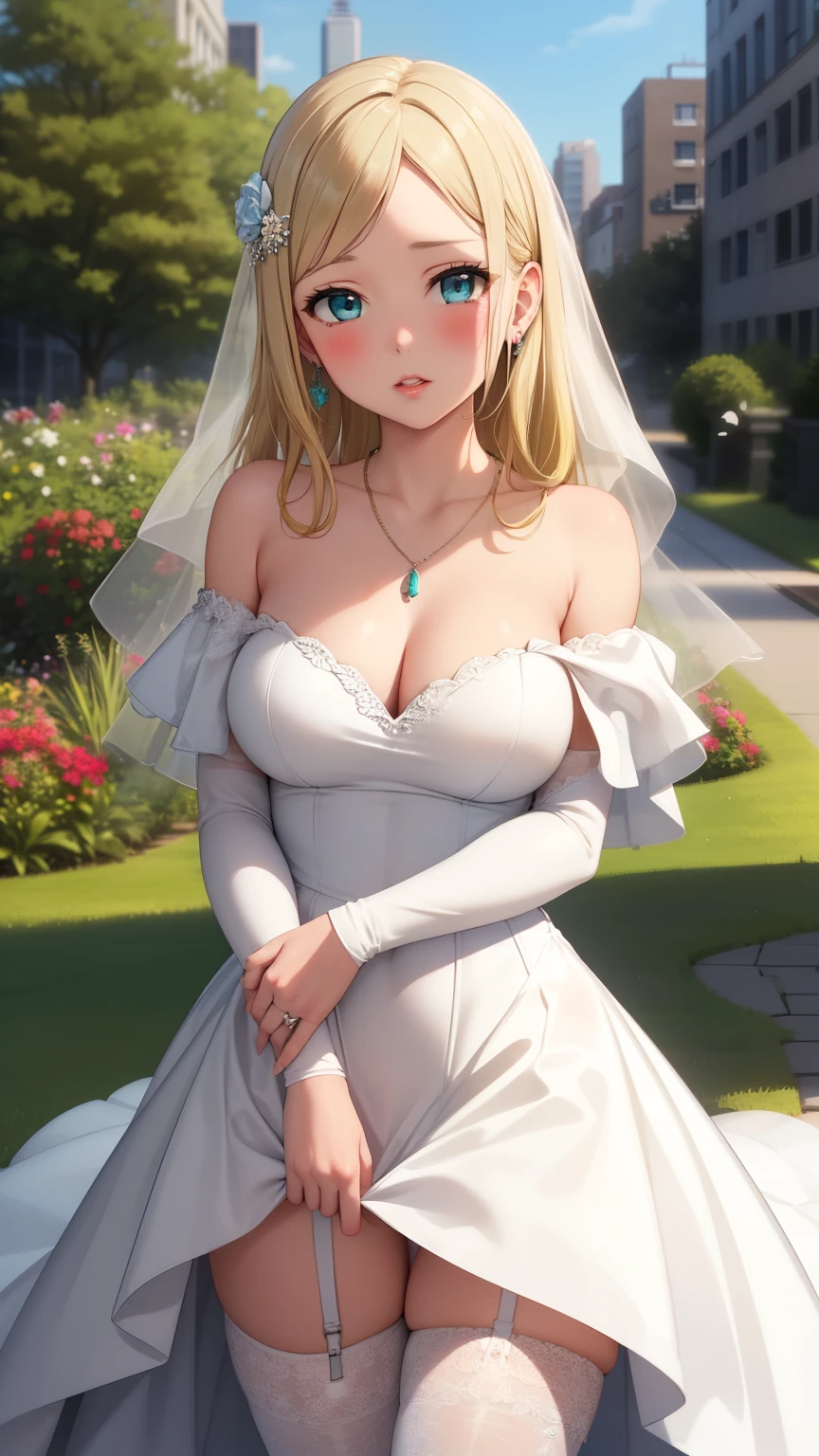 masterpiece, best quality, highly detailed, ultra high res, ayase arisa, 1girl, solo, hair ornament, long blonde hair, glossy lips, medium breasts, aqua eyes, blush, lips parted, city, garden, wedding dress, off the shoulder, necklace, jewelry, skirt parted in front, thigh highs