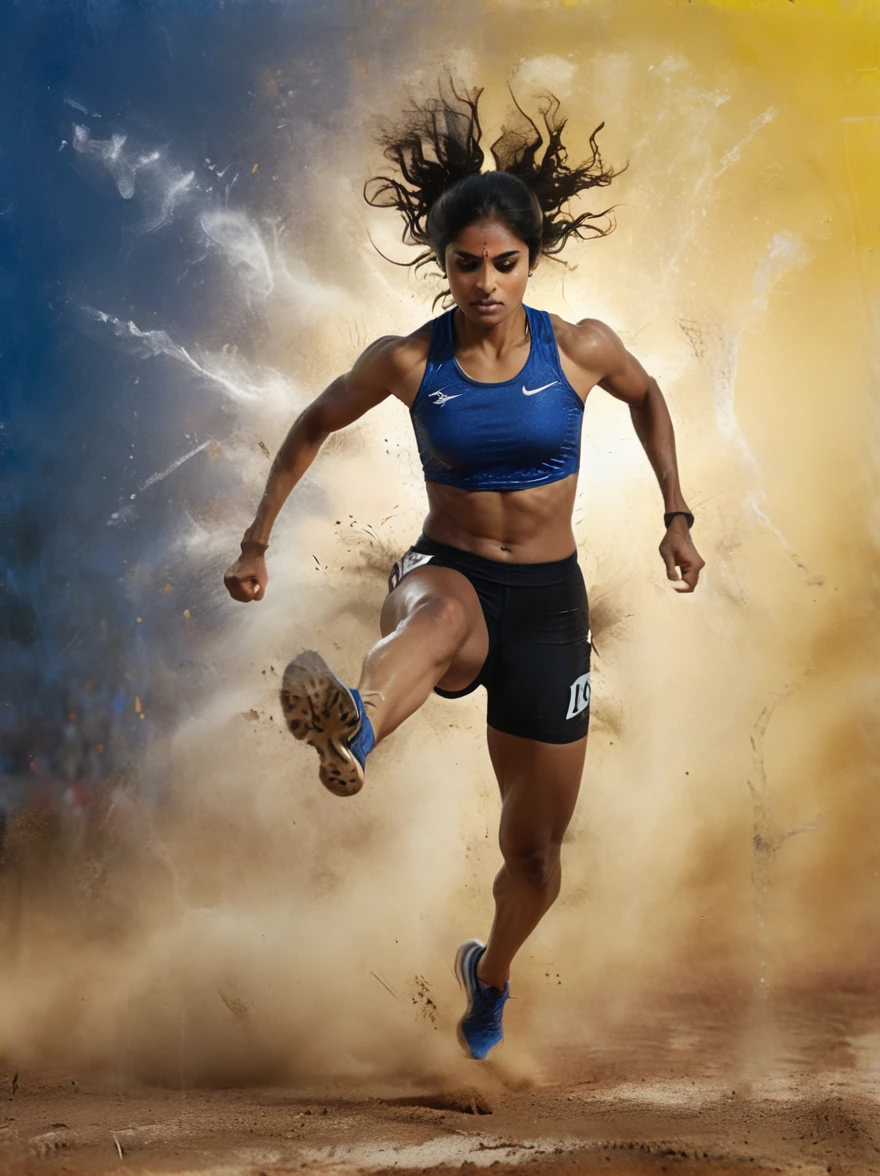 A dynamic scene unfolds on a professional athletics track where an intense competition is in progress. The setting sun in the background casts a warm light on the field, revealing an athlete, a determined South Asian woman in her mid-twenties, intensely focused on the task at hand. With her running shoes kicking up small dust clouds from the track, she is in the process of leaping over a hurdle. The hurdle, a strip of bright aluminum with a bar painted white and black for visibility, stands seemingly insurmountable but not for our athlete. Her muscles are tensioned, her form flawless as she jumps over it, in her royal blue and yellow athletic attire.