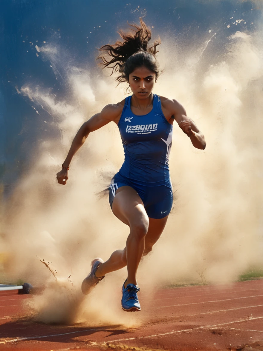 A dynamic scene unfolds on a professional athletics track where an intense competition is in progress. The setting sun in the background casts a warm light on the field, revealing an athlete, a determined South Asian woman in her mid-twenties, intensely focused on the task at hand. With her running shoes kicking up small dust clouds from the track, she is in the process of leaping over a hurdle. The hurdle, a strip of bright aluminum with a bar painted white and black for visibility, stands seemingly insurmountable but not for our athlete. Her muscles are tensioned, her form flawless as she jumps over it, in her royal blue and yellow athletic attire.
