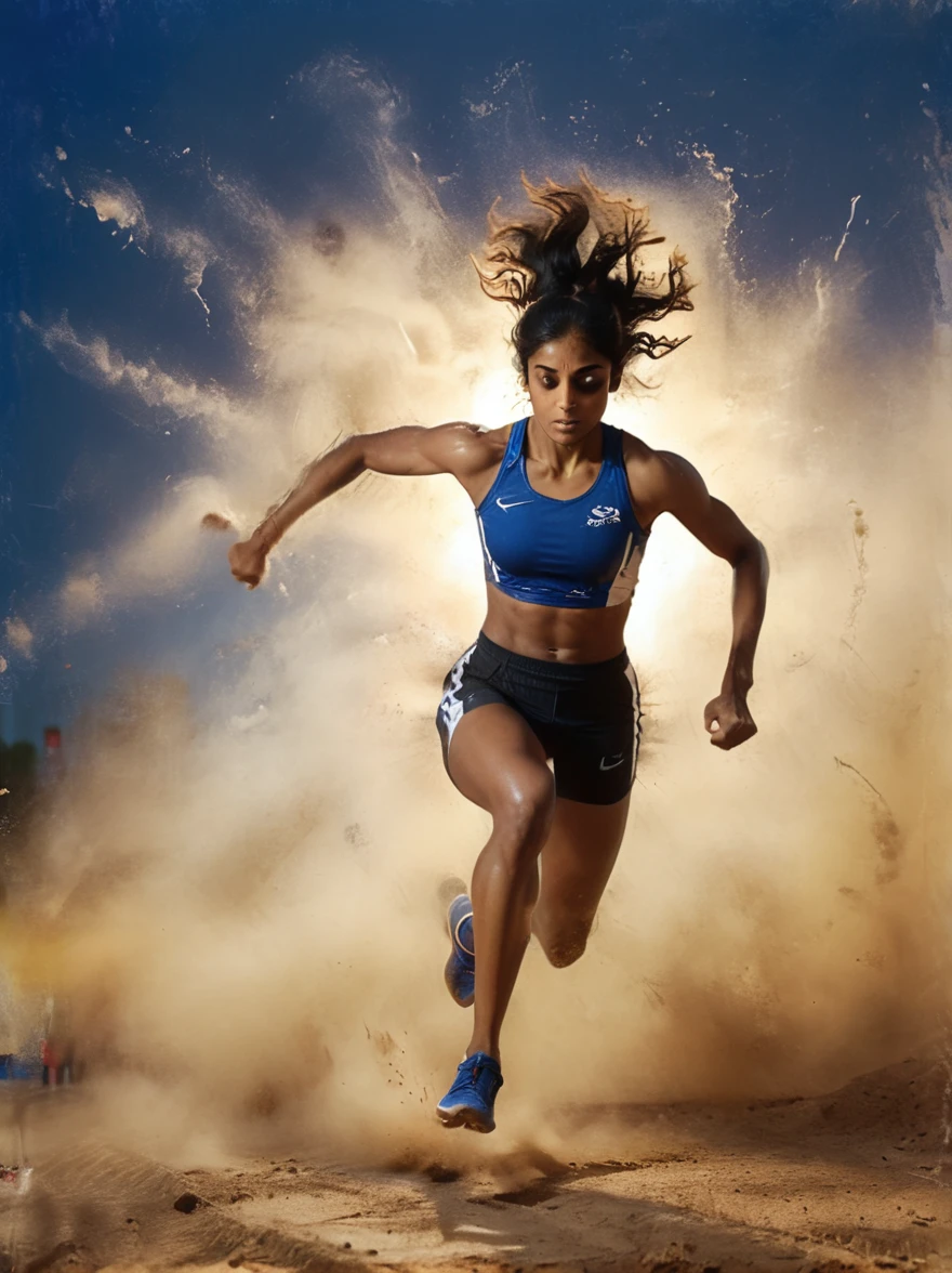 A dynamic scene unfolds on a professional athletics track where an intense competition is in progress. The setting sun in the background casts a warm light on the field, revealing an athlete, a determined South Asian woman in her mid-twenties, intensely focused on the task at hand. With her running shoes kicking up small dust clouds from the track, she is in the process of leaping over a hurdle. The hurdle, a strip of bright aluminum with a bar painted white and black for visibility, stands seemingly insurmountable but not for our athlete. Her muscles are tensioned, her form flawless as she jumps over it, in her royal blue and yellow athletic attire.