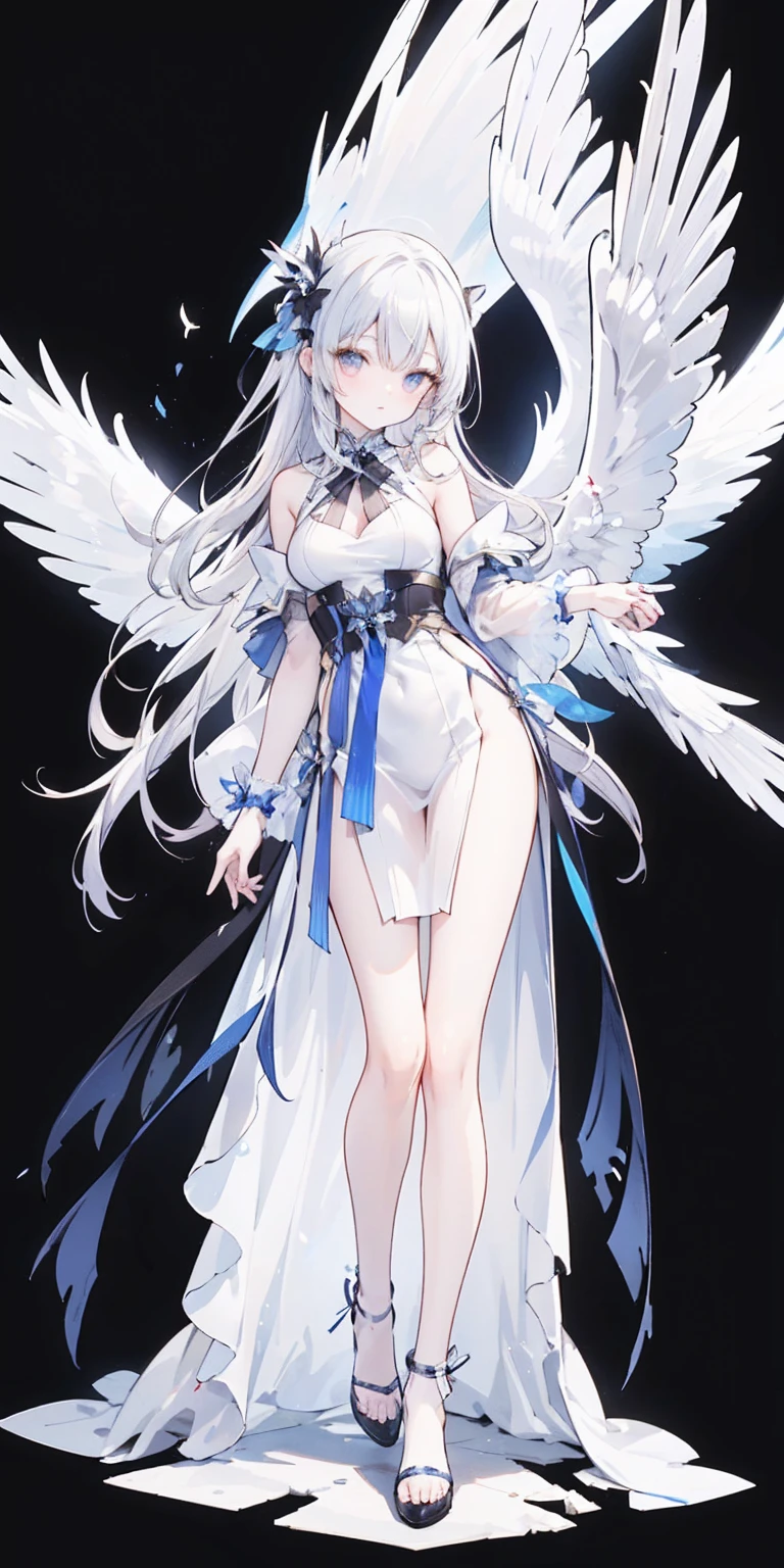 Oil painting frame，Big Perspective，Wide Angle，Impactful graphics，floating，sideways，Character Close-up，4K，masterpiece，best quality，ruins，(Transparent skirt，black background)，Clear，master，Various actions，Full body portrait,portrait,1 female, (Mature)，Long face，Pointed face，White long hair，Fairy，gemstone crow，Wings Dress,  Mecha,Fairy air，ribbon， diamond, Bare shoulders, crow, Looking at the audience, in the sky, fLight, Vibrant colors, Light, masterpiece, best quality, flight，Mature，asymmetrical clothes，HighLights，Long skirt，Own，Personal Photography