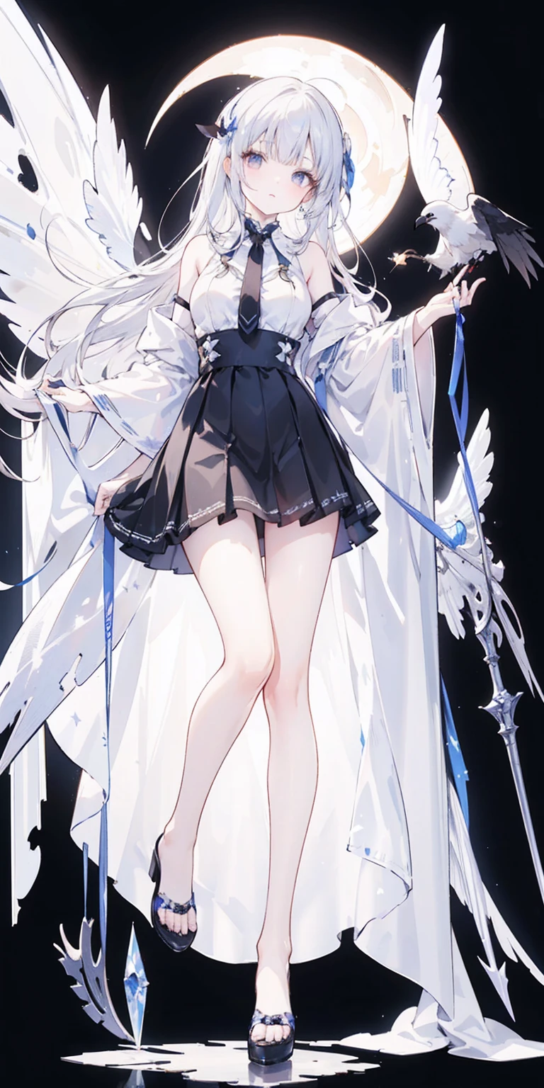 Oil painting frame，Big Perspective，Wide Angle，Impactful graphics，floating，sideways，Character Close-up，4K，masterpiece，best quality，ruins，(Transparent skirt，black background)，Clear，master，Various actions，Full body portrait,portrait,1 female, (Mature)，Long face，Pointed face，White long hair，Fairy，gemstone crow，Wings Dress,  Mecha,Fairy air，ribbon， diamond, Bare shoulders, crow, Looking at the audience, in the sky, fLight, Vibrant colors, Light, masterpiece, best quality, flight，Mature，asymmetrical clothes，HighLights，Long skirt，Own，Personal Photography