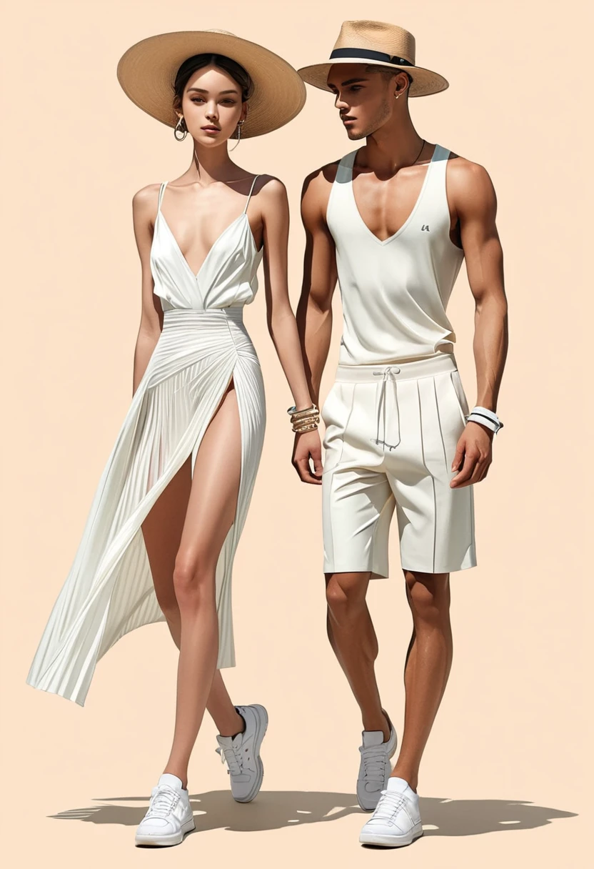 candid fashion illustration of young Mixed race man and woman, both aged 22 year old, skinny and lean, pale skin tone, ((showcase fashion look book in a off-White outfits)), inspired by Christian Dior's resort collection in elegant young bohemian style. The man wears white speedo only, with thick semi hard bulge. He completes his look with white sneakers, round sunglasses and bracelet. The woman complements him in a Long plissé dress in jersey with a deep V-neckline and narrow shoulder straps that cross at the back. Deep opening at the back, a concealed zip at one side and gathered tiers on the skirt for added volume, Her ensemble includes an accessorizes with a straw hat, white sneakers, Captured in a dynamic angle, ((full-body image)), ((pastel color background)), sketching, realistic pencil lines, imperfect drawing, fading sketch, fashion look book, fashion illustrator, sketch design,