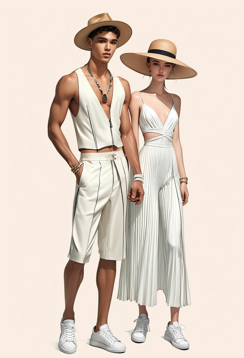 candid fashion illustration of young Mixed race man and woman, both aged 22 year old, skinny and lean, pale skin tone, ((showcase fashion look book in a off-White outfits)), inspired by Christian Dior's resort collection in elegant young bohemian style. The man wears white speedo only, with thick semi hard bulge. He completes his look with white sneakers, round sunglasses and bracelet. The woman complements him in a Long plissé dress in jersey with a deep V-neckline and narrow shoulder straps that cross at the back. Deep opening at the back, a concealed zip at one side and gathered tiers on the skirt for added volume, Her ensemble includes an accessorizes with a straw hat, white sneakers, Captured in a dynamic angle, ((full-body image)), ((pastel color background)), sketching, realistic pencil lines, imperfect drawing, fading sketch, fashion look book, fashion illustrator, sketch design,