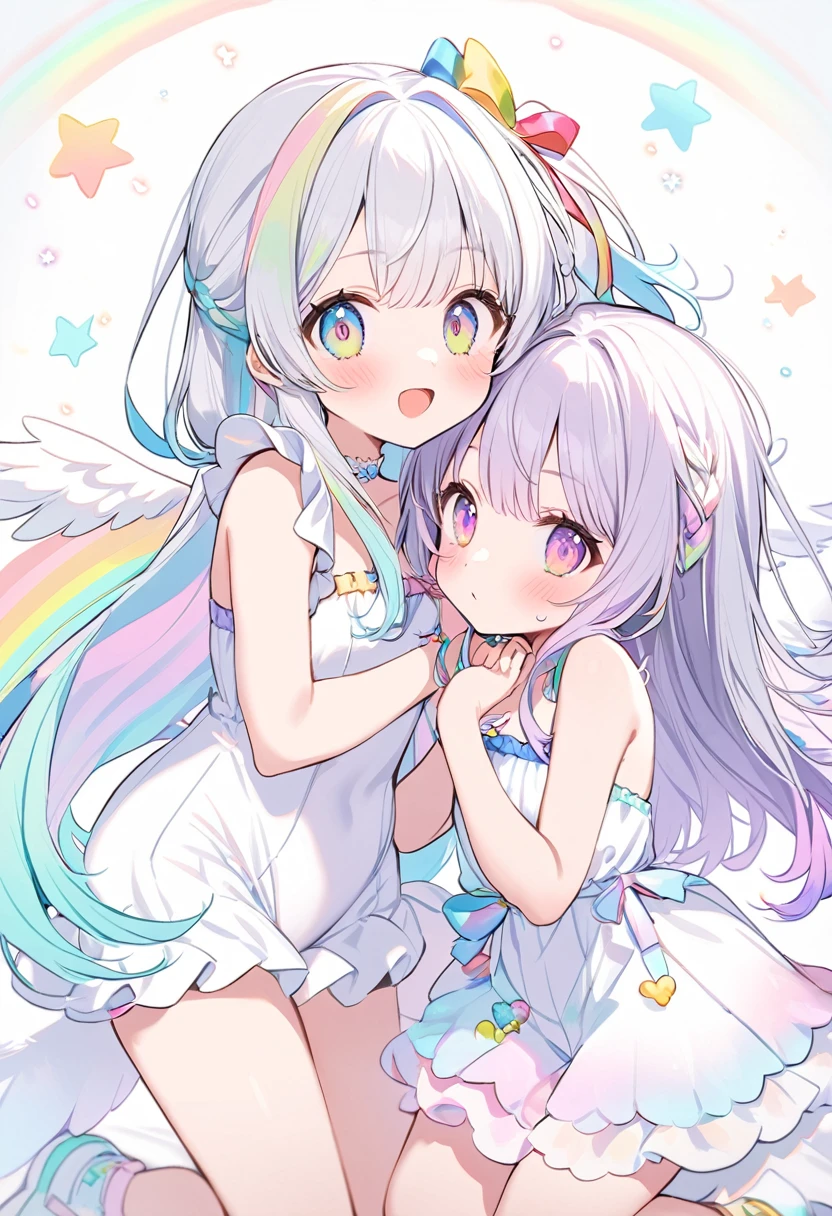 2girls,white hair, pastel rainbow colors hair, half twin,half twin tail, rainbow colors eyes, rainbow colors ribbon, pastel rainbow colors angel rings, white and rainbow colors one-piece,white andpastel rainbow colors angel wings cute white background 