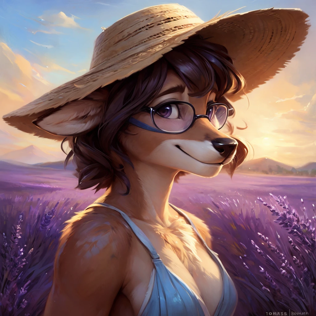 uploaded on e621, by Pixelsketcher, by Bayard Wu, by Thomas Benjamin Kennington , by Einshelm, by hioshiru and kenket, Chunie, portrait, solo anthro female deer doe, with small featureless breasts, clear dark blue, cinematic lighting, day, sunny day, lavender field, stays in a lavender field, lavender field background, mediterranean background, horizon background, shiny, short curly dark brown hair, wears big black nerd glasses, very very beautiful furry art, furry art, smiling, joyful, shiny, happy, feminine, cute face, muzzle, fluffy chest, flawless face, Fallow deer, 1girl, Sakimichan is beautiful, Masterpiece, Wavethesallow Face, shiny, Detailed image, portrait, Detailed image, portrait, full body, wearing pure white and wide spaghetti straps dress, wearing big and wide beige summer straw hat, shiny, realistic face, perfect anatomy, hourglass body, (furry body:1.1), anthropomorphic deer, looks at the viewer, small fluffy tail, detailed background, (cute anatomy:1.1), stands in a lavender field