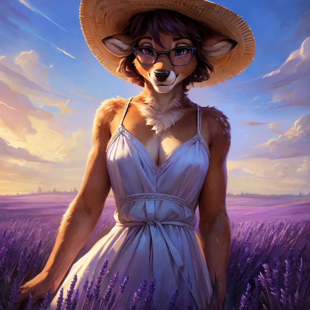 uploaded on e621, by Pixelsketcher, by Bayard Wu, by Thomas Benjamin Kennington , by Einshelm, by hioshiru and kenket, Chunie, portrait, solo anthro female deer doe, with small featureless breasts, clear dark blue, cinematic lighting, day, sunny day, lavender field, stays in a lavender field, lavender field background, mediterranean background, horizon background, shiny, short curly dark brown hair, wears big black nerd glasses, very very beautiful furry art, furry art, smiling, joyful, shiny, happy, feminine, cute face, muzzle, fluffy chest, flawless face, Fallow deer, 1girl, Sakimichan is beautiful, Masterpiece, Wavethesallow Face, shiny, Detailed image, portrait, Detailed image, portrait, full body, wearing pure white and wide spaghetti straps dress, wearing big and wide beige summer straw hat, shiny, realistic face, perfect anatomy, hourglass body, (furry body:1.1), anthropomorphic deer, looks at the viewer, small fluffy tail, detailed background, (cute anatomy:1.1), stands in a lavender field
