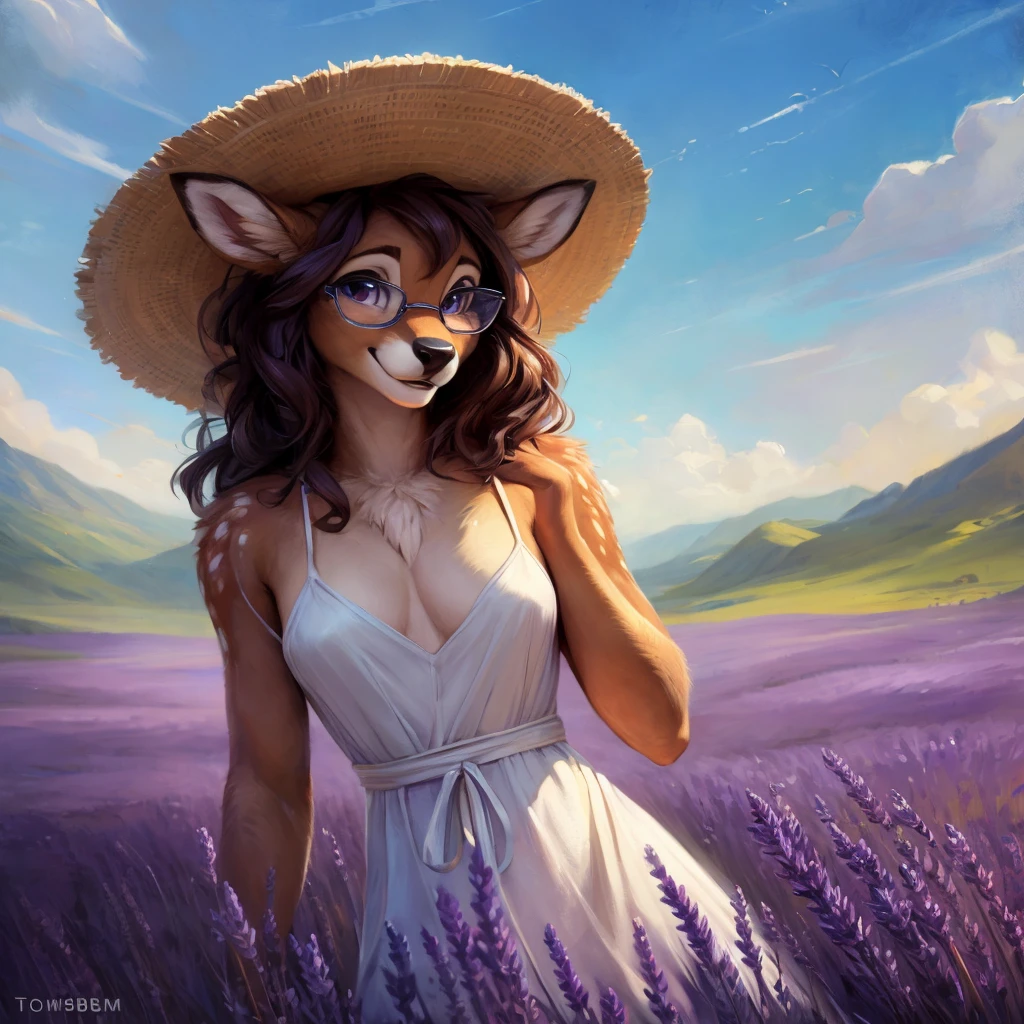 uploaded on e621, by Pixelsketcher, by Bayard Wu, by Thomas Benjamin Kennington , by Einshelm, by hioshiru and kenket, Chunie, portrait, solo anthro female deer doe, with small featureless breasts, clear dark blue, cinematic lighting, day, sunny day, lavender field, stays in a lavender field, lavender field background, mediterranean background, horizon background, shiny, short curly dark brown hair, wears big black nerd glasses, very very beautiful furry art, furry art, smiling, joyful, shiny, happy, feminine, cute face, muzzle, fluffy chest, flawless face, Fallow deer, 1girl, Sakimichan is beautiful, Masterpiece, Wavethesallow Face, shiny, Detailed image, portrait, Detailed image, portrait, full body, wearing pure white and wide spaghetti straps dress, wearing big and wide beige summer straw hat, shiny, realistic face, perfect anatomy, hourglass body, (furry body:1.1), anthropomorphic deer, looks at the viewer, small fluffy tail, detailed background, (cute anatomy:1.1), stands in a lavender field