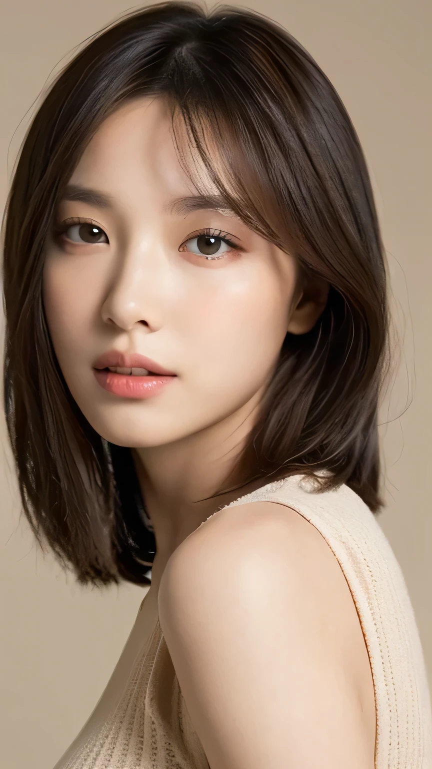 ((Highest quality, 8K, masterpiece:1.3)), concentrate:1.2, Beautiful woman with perfect figure:1.4, ((Cut your hair in layers, Beautiful breasts:1.2)), Bandeau dress:1.1, Highly detailed face and skin texture, Fine grain, double eyelid,Skin whitening,Long white hair,close - up studio photo, Japanese Model, Big Breasts, Beige Sleeveless Tight Knit, Photo for ID
