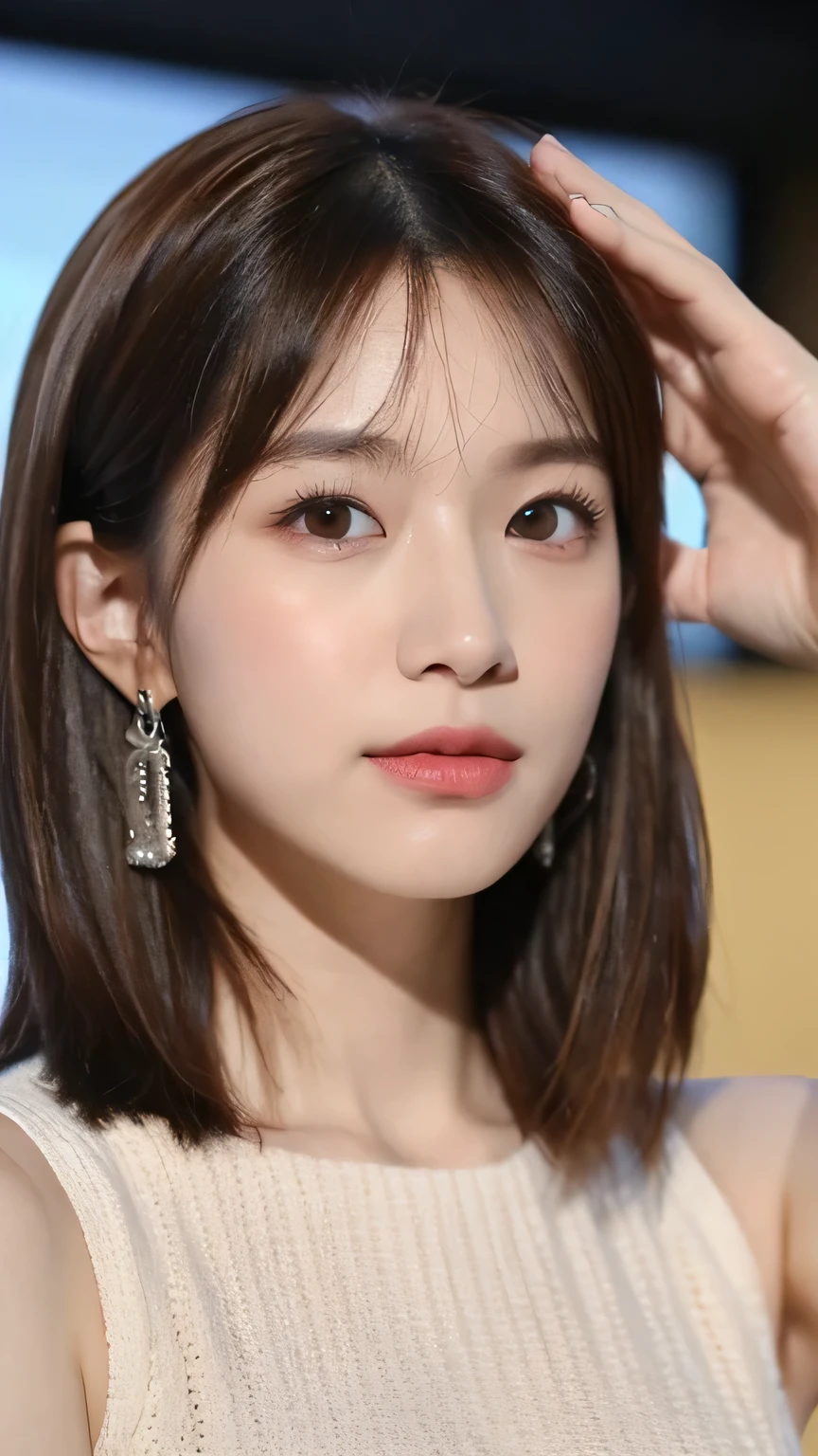 ((Highest quality, 8K, masterpiece:1.3)), concentrate:1.2, Beautiful woman with perfect figure:1.4, ((Cut your hair in layers, Beautiful breasts:1.2)), Bandeau dress:1.1, Highly detailed face and skin texture, Fine grain, double eyelid，Skin whitening，Long white hair，close - up studio photo, Japanese Model, Big Breasts, Beige Sleeveless Tight Knit, Photo for ID