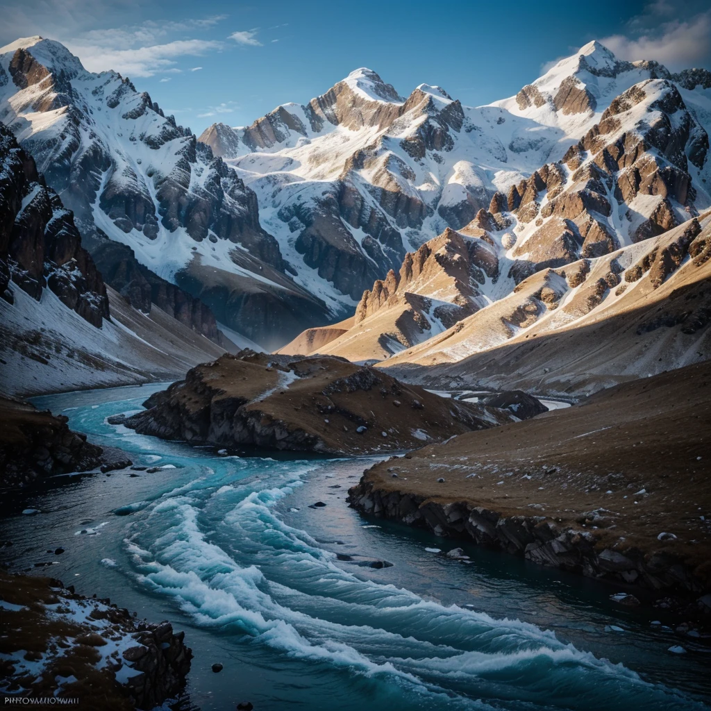 a dramatic landscape of the high Caucasus mountains,snow-capped peaks,vibrant colors,at the foot of the mountains a stormy river with crystal clear water,an eagle soaring in the distance,(best quality,8k,highres,masterpiece:1.2),ultra-detailed,(realistic,photorealistic,photo-realistic:1.37),canon camera,dramatic lighting,cinematic composition