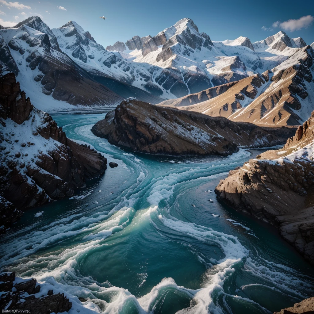 a dramatic landscape of the high Caucasus mountains,snow-capped peaks,vibrant colors,at the foot of the mountains a stormy river with crystal clear water,an eagle soaring in the distance,(best quality,8k,highres,masterpiece:1.2),ultra-detailed,(realistic,photorealistic,photo-realistic:1.37),canon camera,dramatic lighting,cinematic composition