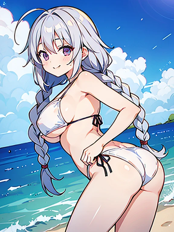 nsfw,Akari Tsubasa,Young face,masterpiece,,Gravure pose: two waist-length braids,Ahoge,Silver Hair,bikini,Big Breasts,smile,Turn your butt,Backwards