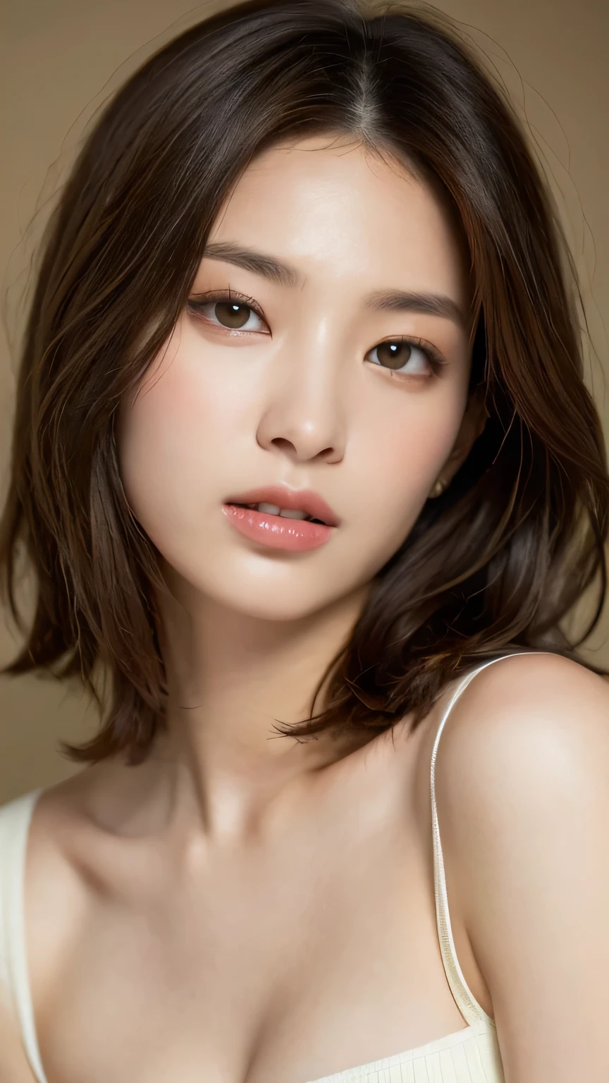 ((Highest quality, 8K, masterpiece:1.3)), concentrate:1.2, Beautiful woman with perfect figure:1.4, ((Cut your hair in layers, Beautiful breasts:1.2)), Bandeau dress:1.1, Highly detailed face and skin texture, Fine grain, double eyelid,Skin whitening,Long white hair,close - up studio photo, Japanese Model, Big Breasts, Beige Sleeveless Tight Knit, Photo for ID