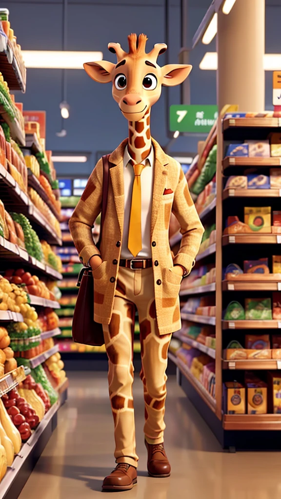 A giraffe dressed as a sales clerk stands in a supermarket