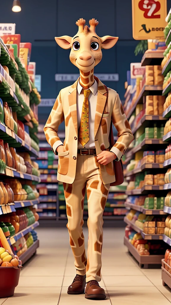 A giraffe dressed as a sales clerk stands in a supermarket
