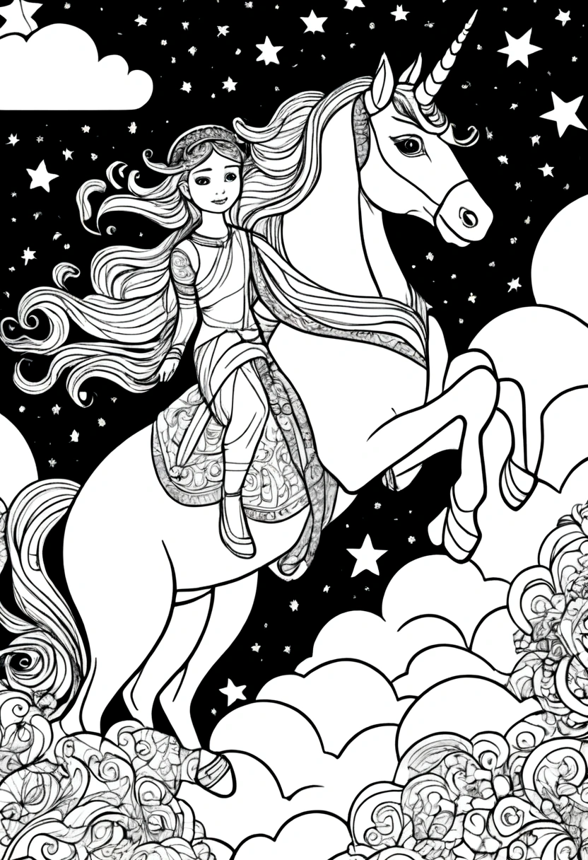 (A black and white coloring book:1.5), A unicorn and princess flying through the sky with stars and clouds, clean line art, white background, colouring page, clean outline