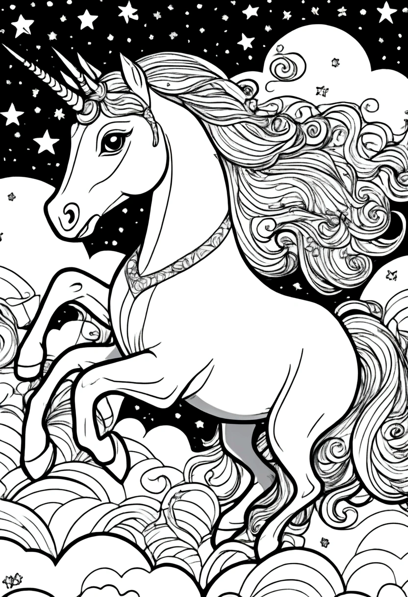 (A black and white coloring book:1.5), A unicorn and princess flying through the sky with stars and clouds, clean line art, white background, colouring page, clean outline