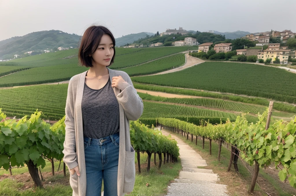 8k best picture quality, Beautiful 36-year-old Korean woman, short and nice weather. Chest size 34 inches, Dense fog at dawn in the Italian countryside, past the vineyard, The cathedral can be seen in the fog on a hill in the distance., The back background is realistic and vivid image quality, Short and medium hair blowing in the wind, Wear comfortable travel clothes, Casual pants and cardigan., a faint smile. the background is clear, Short and slim Korean woman, stand far away, Photo taken with a wide-angle lens
