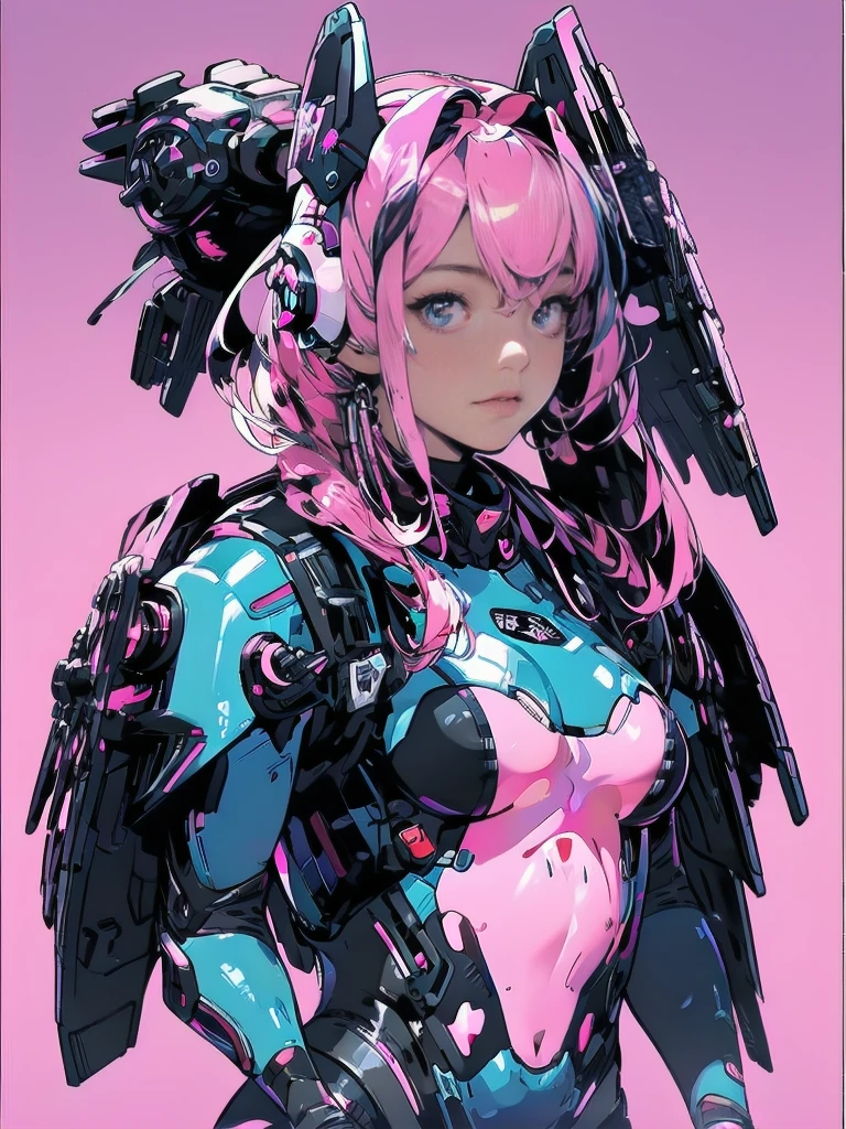 complete body shot,retro futuristic flat background,masterpiece, best quality, 1girl, solo, retro futuristic cyborgwoman, seamlessly blending mechanics and elegance. fit, small breasts, blueish skin, with magenta hair, fashion modeling pose, form fitting pastel yellow and pink with black colorblocking gundam suit-like-armor,kitty_ear headpiece, happy, wild pink punky hair, humanoid face with bigger eyes and some cyberparts holding a retro futuristoc space-gun, plain background, dark colors, Anime, Cartoon, Comic Book, Concept Art