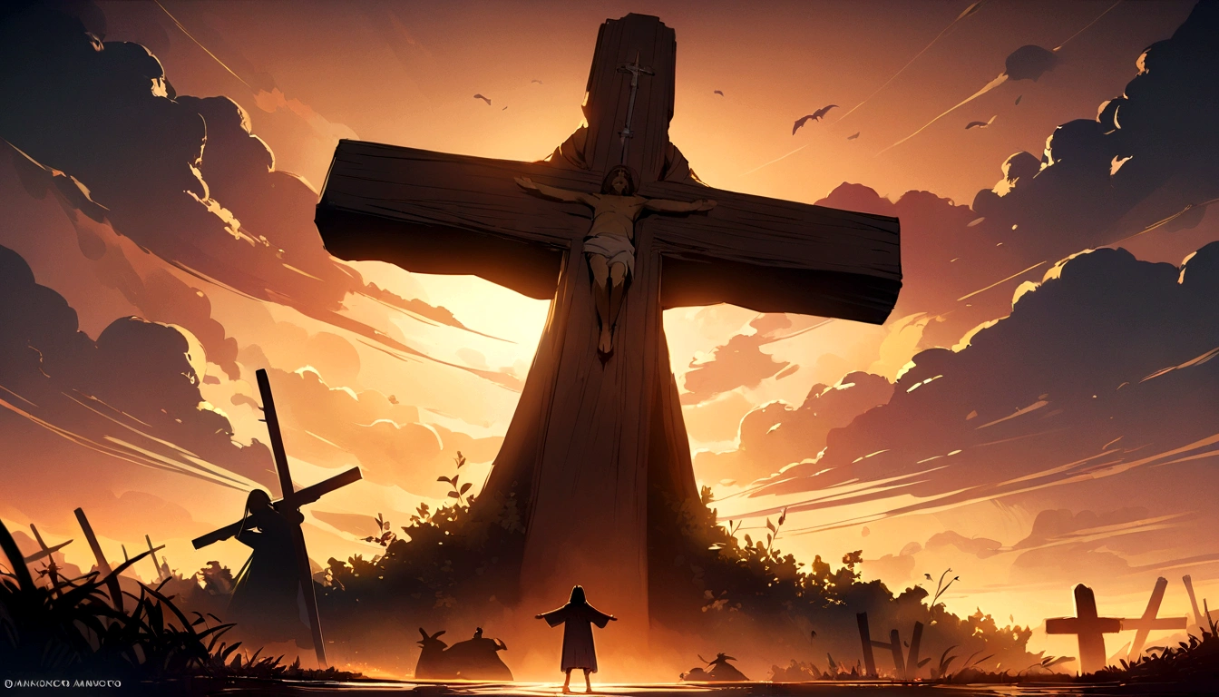Jesus on the Cross, Makoto Shinkai and Studio Ghibli, outlined silhouettes, dramatic lighting, very detailed, Unbelievable quality, trending on artstation, masterpiece, 8 k