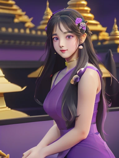 ((adult Crap Hoteh, ito f(9), long hair hair, princess (BlacK dress reflection) (Purple dress reflection) (Golden dress reflection) Fantasy, happy watching the viewer; cartoon anime (oil painting) Burmese girl 18 years old Bagan pagoda scene background clear Hd 8k