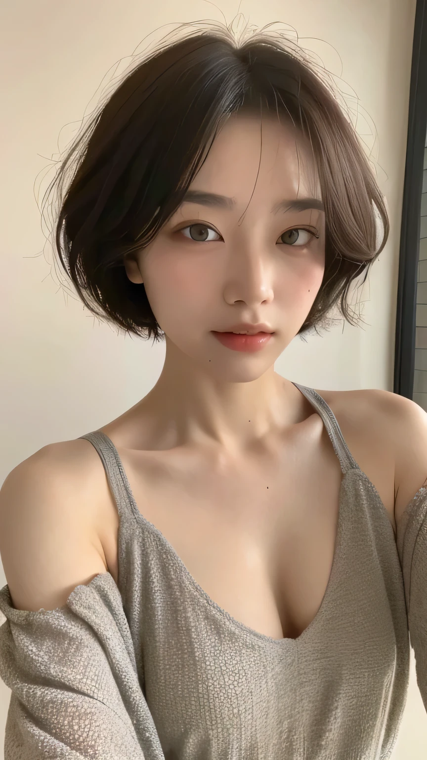 ((Highest quality, 8K, masterpiece: 1.3)), concentrate: 1.2, Perfect Body Beauty: 1.4, Hips: 1.2, ((short hair, Small : 1.2)), (Sweaty skin: 1.1), (In the room: 1.3), Off-the-shoulder dress: 1.1, Highly detailed face and skin texture, Delicate eyes, double eyelid, Sunburned skin, Long Hair, Exposed cleavagcle emphasis