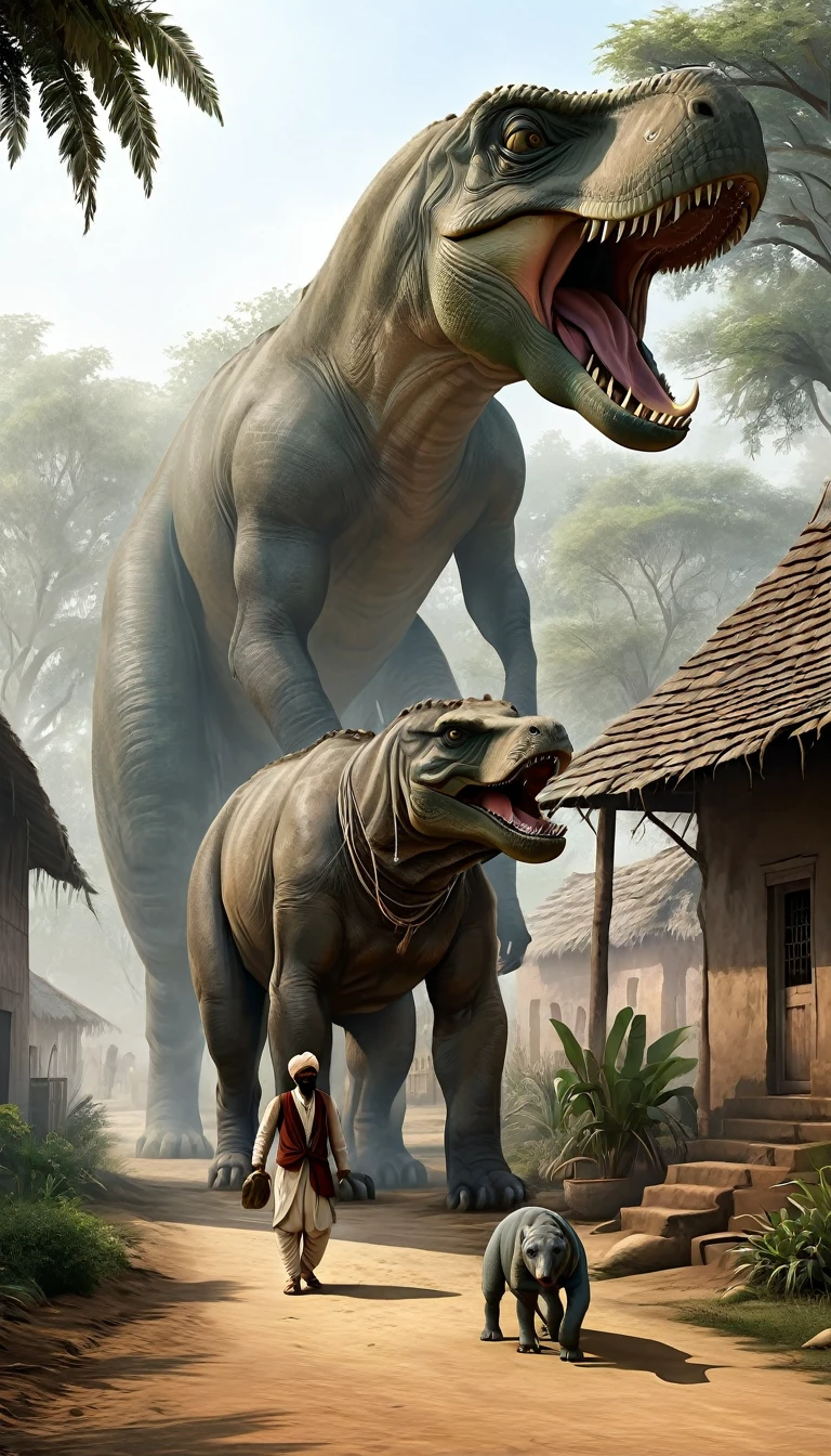 Create a photorealistic image set in an 1850s Indian village. A village man is walking alongside his pet, a large Megalosaurus. The man should be dressed in traditional 1850s Indian attire, and the Megalosaurus should be depicted as a friendly companion. 