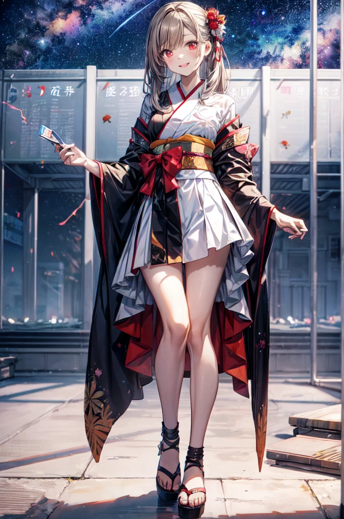 It is a full-body illustration of a beautiful slender woman with brown and grayish ash color straight hair, red sexy lips, and a smile. She is an FX trader. She is wearing a mini-skirt kimono dressed as Orihime on Tanabata day, and is smiling with the Milky Way and FX chart in the background (Milky Way, starry sky, FX chart) (sparkling, glowing clothes, glowing eyes) There are glowing illustrations like Pixiv.