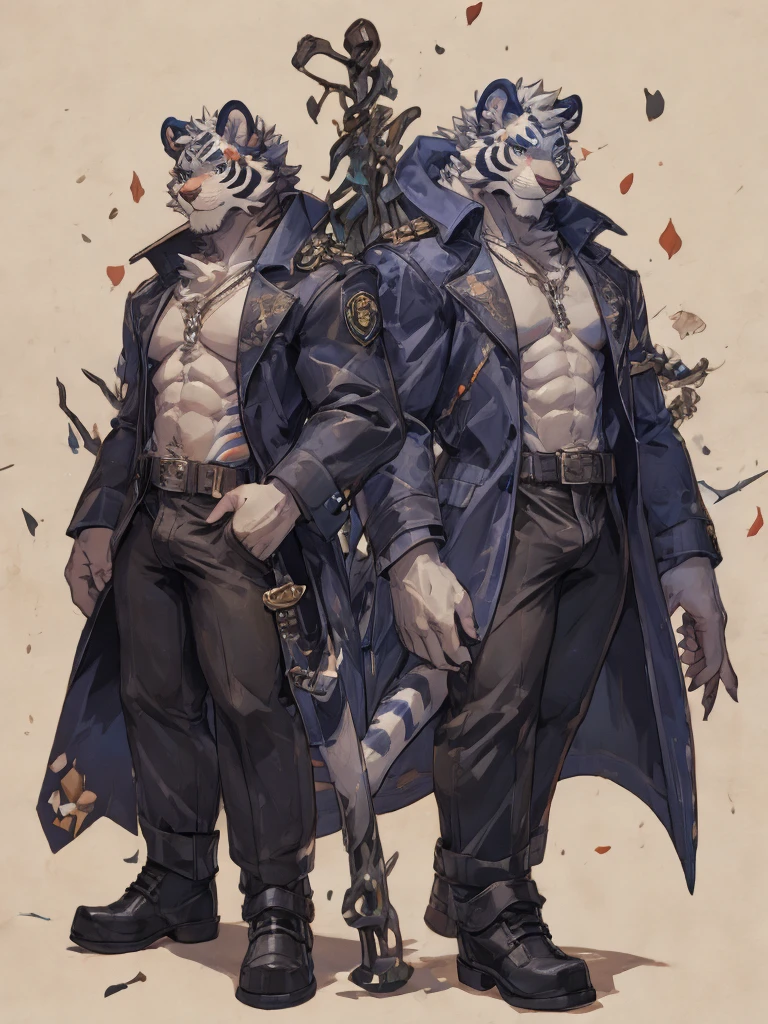 {{bara extremely handsome white tiger,}} {{white fur,}} white, wearing elegant ornate suit jacket, trousers, white dress shirt and necktie, white fluffy furry body and limbs, loafers, very tall, very broad shoulders, narrow waist, muscular arms, massive pecs, purple eyes, very long legs, massive bulge, sophisticated hot look, full body, 3/4 view, best quality, high quality, silver earring on left ear, sultry smirk, multiple views, character sheet