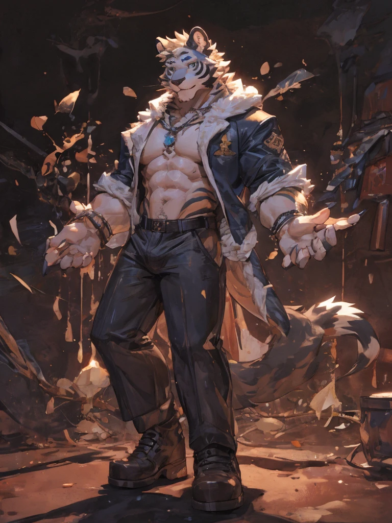 {{bara extremely handsome white tiger,}} {{white fur,}} white, wearing elegant ornate suit jacket, trousers, white dress shirt and necktie, white fluffy furry body and limbs, loafers, very tall, very broad shoulders, narrow waist, muscular arms, massive pecs, purple eyes, very long legs, massive bulge, sophisticated hot look, full body, 3/4 view, best quality, high quality, silver earring on left ear, sultry smirk, multiple views, character sheet