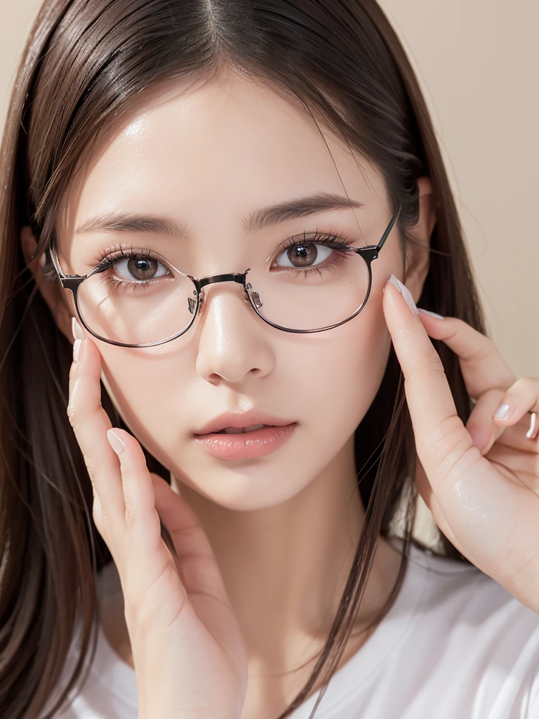 elegant woman, beautiful detailed eyes, beautiful detailed lips, extremely detailed eyes and face, long eyelashes, slender body, thin face, delicate features, flawless porcelain skin, glistening sweat, ultra-thin hands, ultra-fine fingers, best ratio four finger and one thumb, realistic, oversized T-shirt, one-person viewpoint, Fuji Film, F/1.2, 8K, masterpiece, nffsw, super detail, high quality, best quality, high resolution, glasses, mole under right eye, gravure pose, natural hand pose