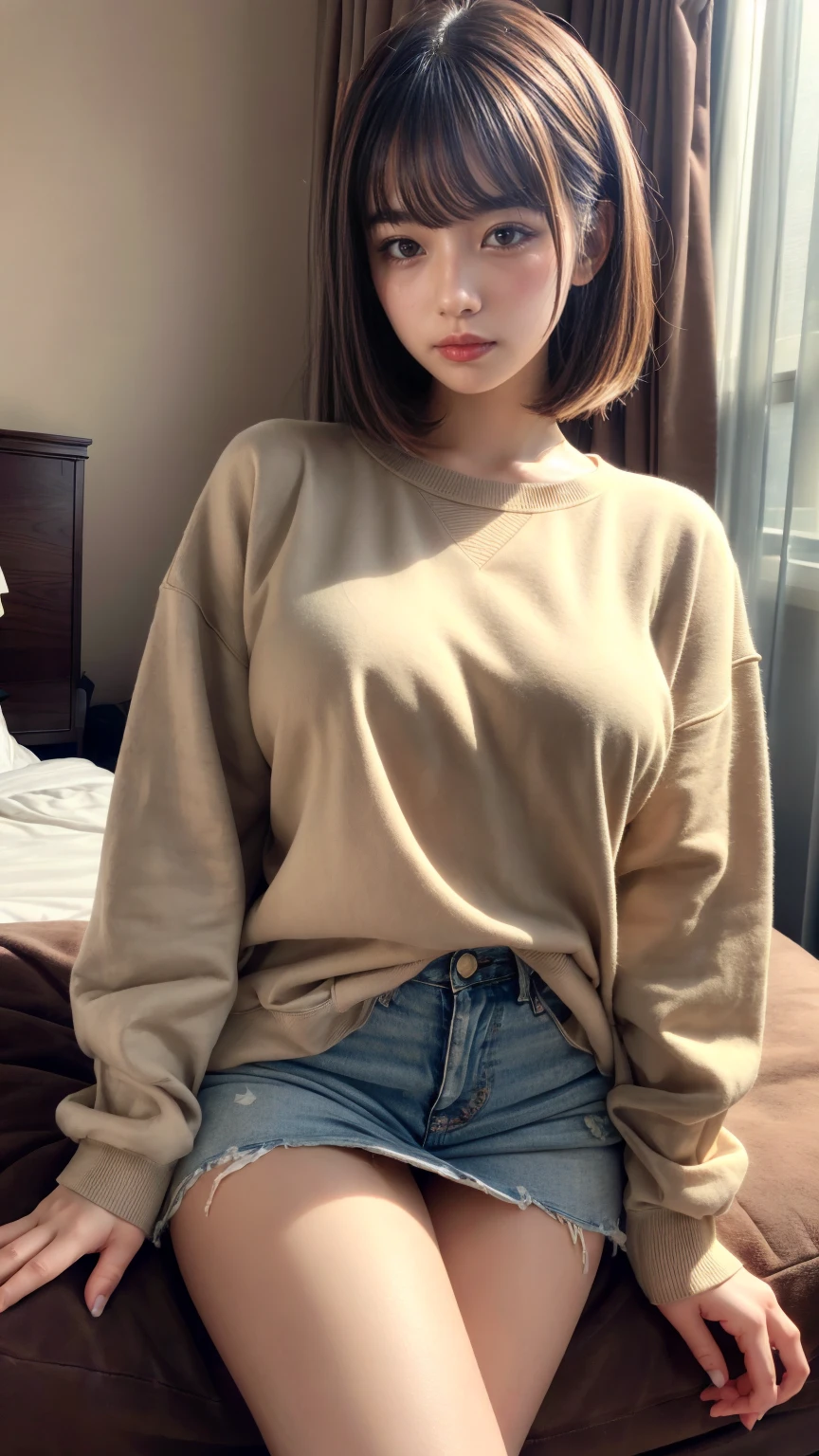 masterpiece, best quality, illustration, Super detailed, fine details, High resolution, 8K,wall paper, perfect dynamic composition,(Details High quality, realistic depiction of eyes:1.3), (Fashionable、Beige oversized sweatshirt、long-sleeve), large breasts,short bob hair, black hair color, Big Natural Color Lip, bold sexy pose, crying a little、Harajuku style、20 year old girl、cute type、****ta、beautiful legs, hotel room, hposing Gravure Idol, (woman on top, straddling, sitting)