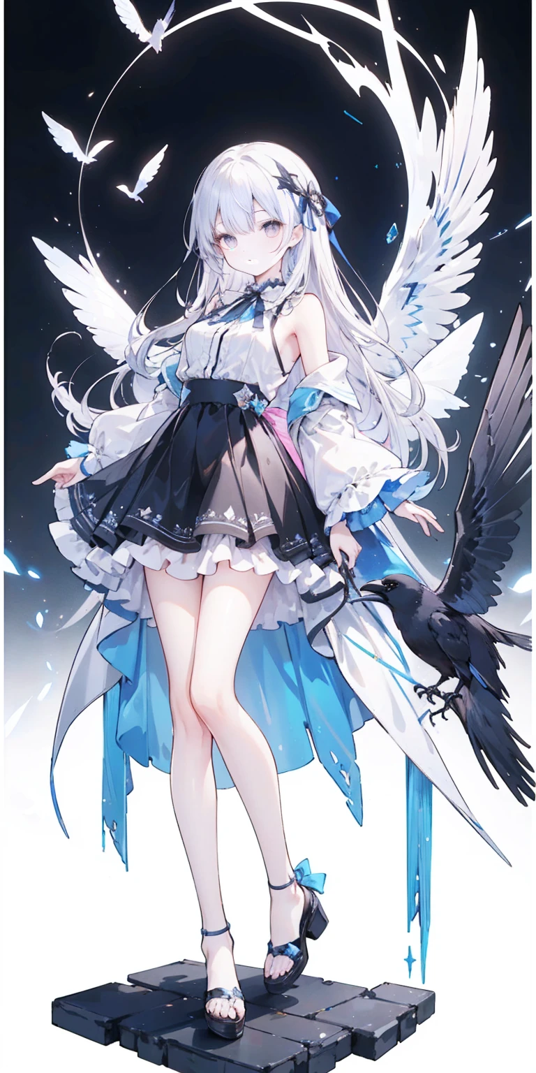 Oil painting frame,Big Perspective,Wide Angle,Impactful graphics,floating,sideways,Character Close-up,4K,masterpiece,best quality,ruins,(Transparent skirt,black background),Clear,master,Various actions,Full body portrait,portrait,1 female, (Mature),Long face,Pointed face,White long hair,Fairy,gemstone crow,Wings Dress, Mecha,Fairy air,ribbon, diamond, Bare shoulders, crow, Looking at the audience, in the sky, fLight, Vibrant colors, Light, masterpiece, best quality, flight,Mature,asymmetrical clothes,HighLights,Long skirt,Own,Personal Photography