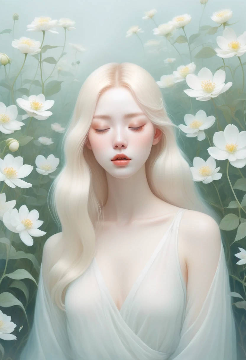 (Thick fog:1.5)，Soft space，Soft tones，dream，Hazy and mysterious，A lot of mist and white flowers，Modern illustration elements。Tranquility、Pure atmosphere，blond woman with white flowers covering her face and eyes, inspired by Hsiao-Ron Cheng, inspired by Yanjun Cheng, by Ayami Kojima, by Hsiao-Ron Cheng, by Yanjun Cheng, Guweiz, artwork in the style of Guweiz, by Eizan It&#39;s a gift, cake, james jean and wlop