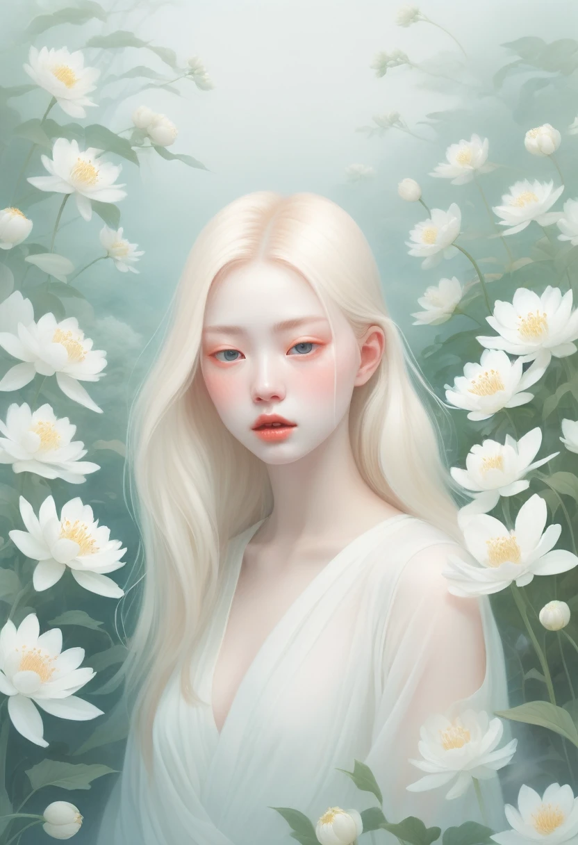 (Thick fog:1.5)，Soft space，Soft tones，dream，Hazy and mysterious，A lot of mist and white flowers，Modern illustration elements。Tranquility、Pure atmosphere，blond woman with white flowers covering her face and eyes, inspired by Hsiao-Ron Cheng, inspired by Yanjun Cheng, by Ayami Kojima, by Hsiao-Ron Cheng, by Yanjun Cheng, Guweiz, artwork in the style of Guweiz, by Eizan It&#39;s a gift, cake, james jean and wlop