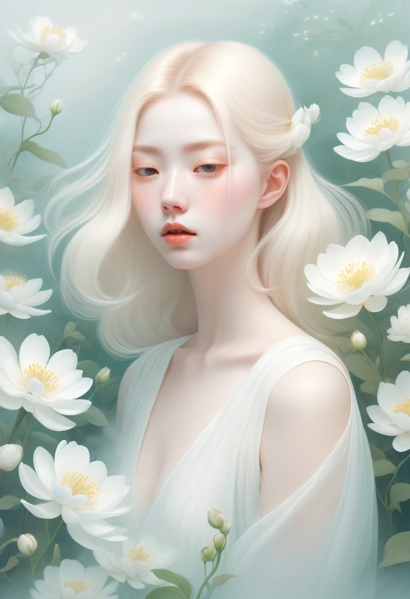 (Thick fog:1.5)，Soft space，Soft tones，dream，Hazy and mysterious，A lot of mist and white flowers，Modern illustration elements。Tranquility、Pure atmosphere，blond woman with white flowers covering her face and eyes, inspired by Hsiao-Ron Cheng, inspired by Yanjun Cheng, by Ayami Kojima, by Hsiao-Ron Cheng, by Yanjun Cheng, Guweiz, artwork in the style of Guweiz, by Eizan It&#39;s a gift, cake, james jean and wlop