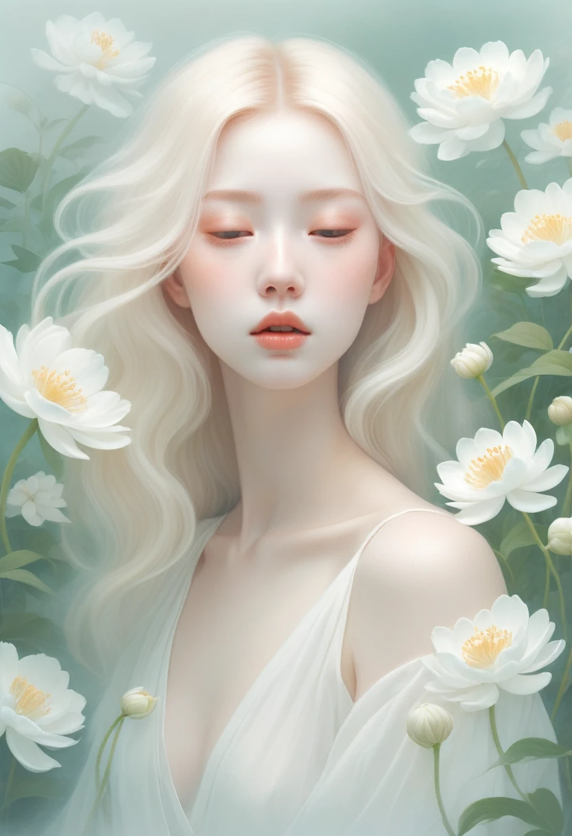 (Thick fog:1.5)，Soft space，Soft tones，dream，Hazy and mysterious，A lot of mist and white flowers，Modern illustration elements。Tranquility、Pure atmosphere，blond woman with white flowers covering her face and eyes, inspired by Hsiao-Ron Cheng, inspired by Yanjun Cheng, by Ayami Kojima, by Hsiao-Ron Cheng, by Yanjun Cheng, Guweiz, artwork in the style of Guweiz, by Eizan It&#39;s a gift, cake, james jean and wlop